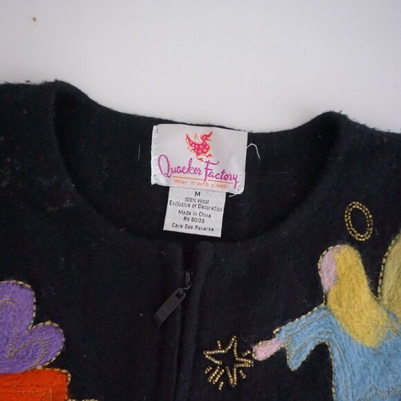 Vintage Quacker Factory Black Wool Cardigan Angel Applique Angelcore Boho M - Picture 4 of 11